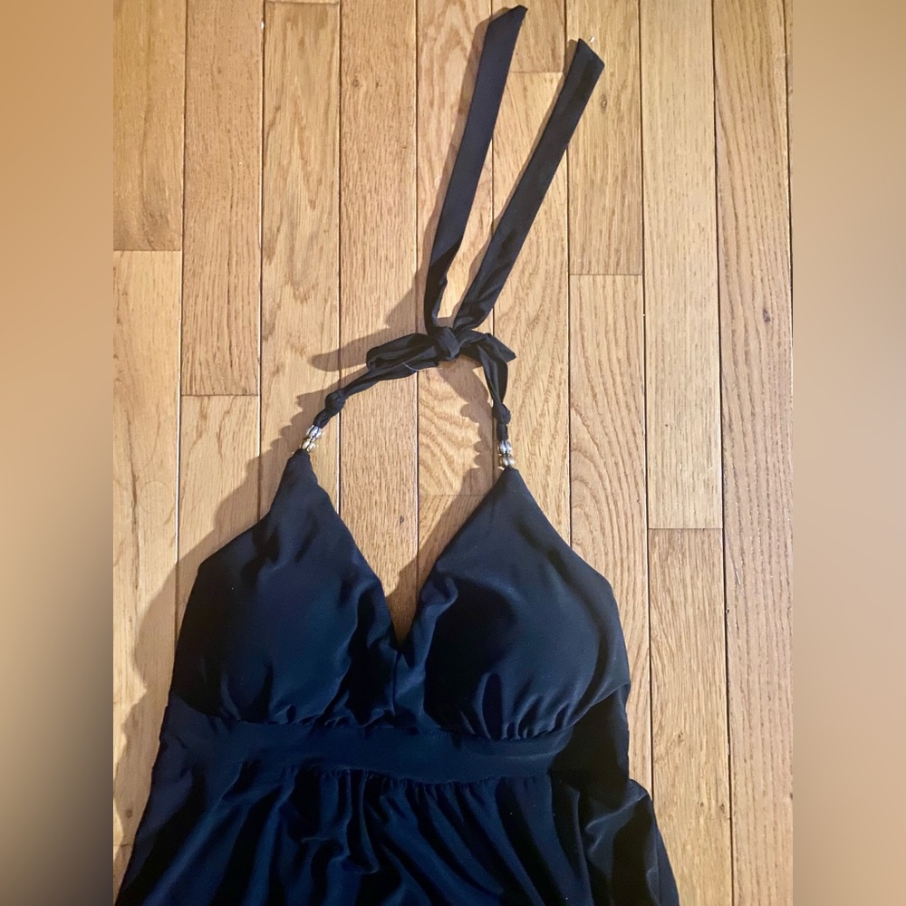 Scarlett Nite Maxi Length Black Cocktail Dress Sz 6P Halter top w/ beads in ties